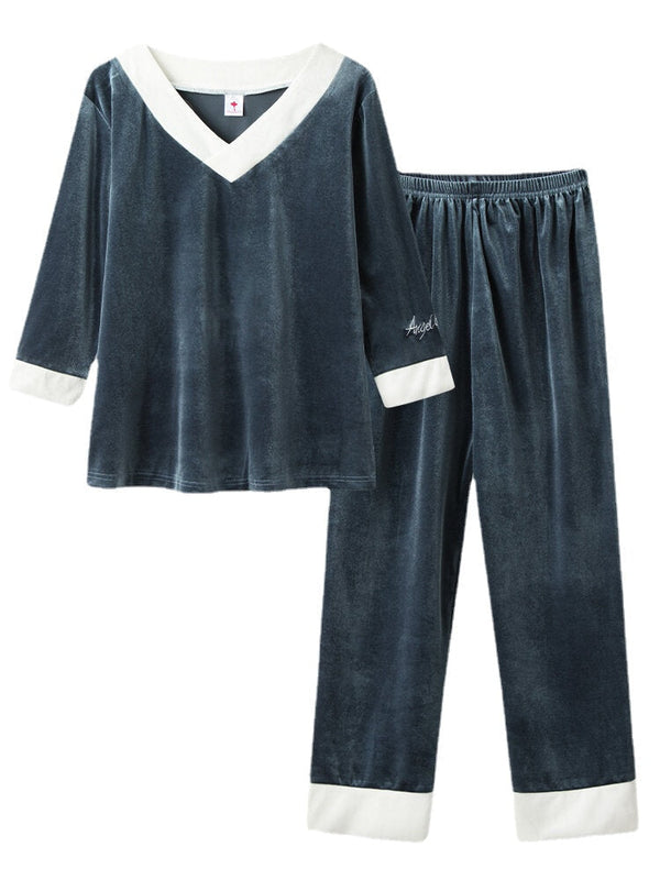 Women's Cozy Velour Pajama Set with Contrast V-Neck & Embroidered Cuffs