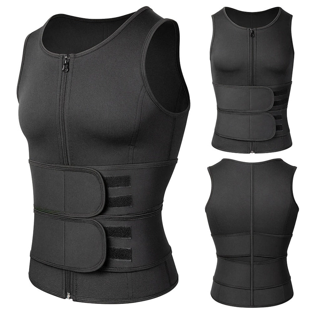 Men Neoprene Sauna Zipper Waist Trainer Vest Tank Top Trimmer Body Shaper with Two Belt Sauna Suit Sweat Vest Slimming Underwear Weight Loss Shirt Fat Burner Tank Tops Shapewear