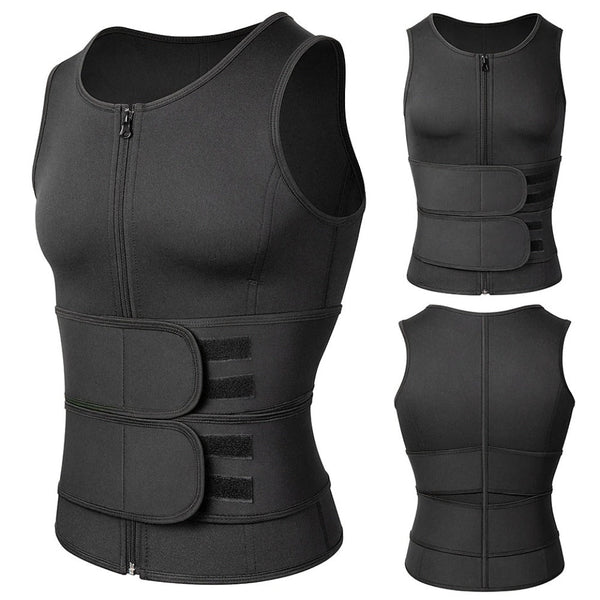 Men Neoprene Sauna Zipper Waist Trainer Vest Tank Top Trimmer Body Shaper with Two Belt Sauna Suit Sweat Vest Slimming Underwear Weight Loss Shirt Fat Burner Tank Tops Shapewear