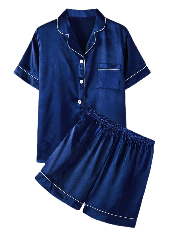 Plus Size Women's Faux Silk Pajama Set - Solid Color, Revere Collar, Smooth & Casual