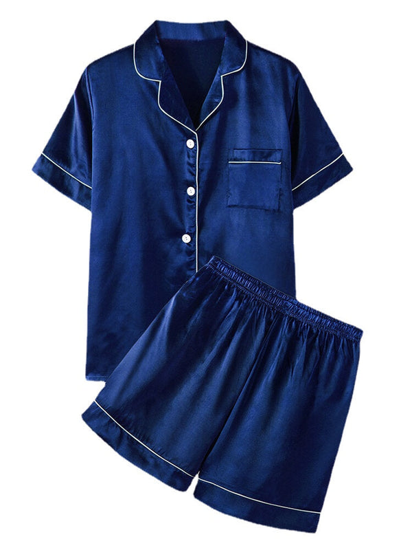 Plus Size Women's Faux Silk Pajama Set - Solid Color, Revere Collar, Smooth & Casual