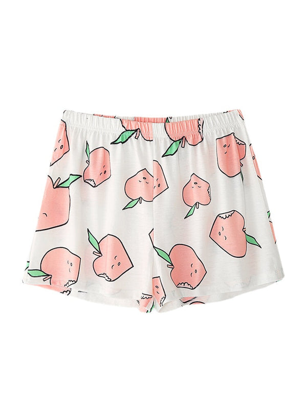 Women's Peach Print Pajama Set - Short Sleeve, Elastic Waist, Casual Homewear