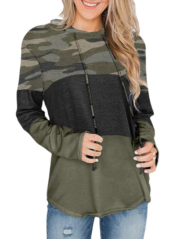 Women Christmas Elk Stripe Patchwork Casual Long Sleeve Drawstring Hoodies