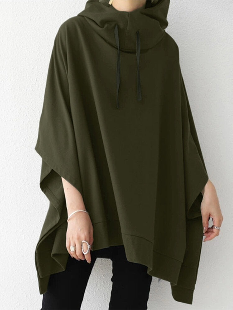Women Solid Color Turtleneck Collar Dolman Sleeveless Retro Hooded Sweatshirt
