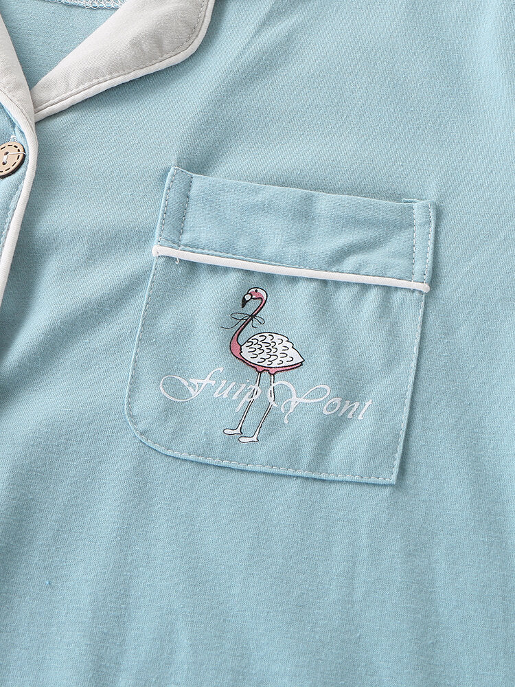Plus Size Women's Cotton Flamingo Pajama Set - Long Sleeve, Button-Up, Two-Piece