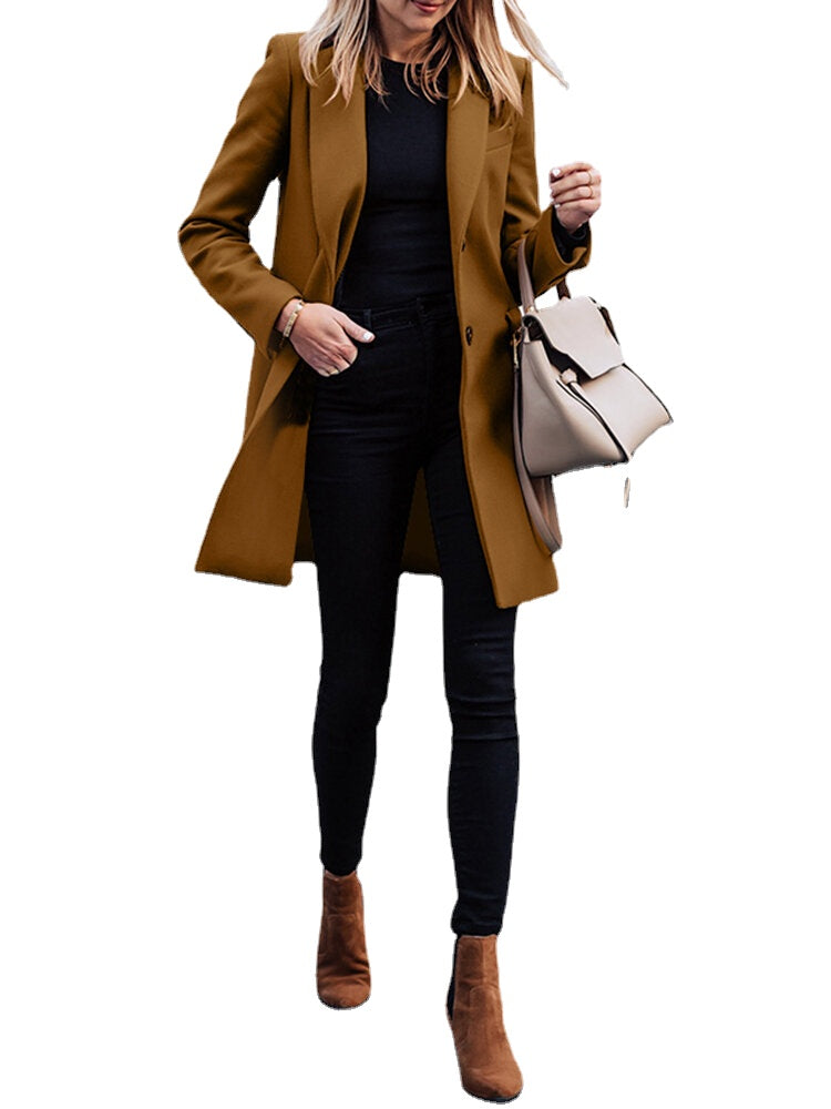 Solid Button Long Sleeve Lapel Coat For Women Secondary image