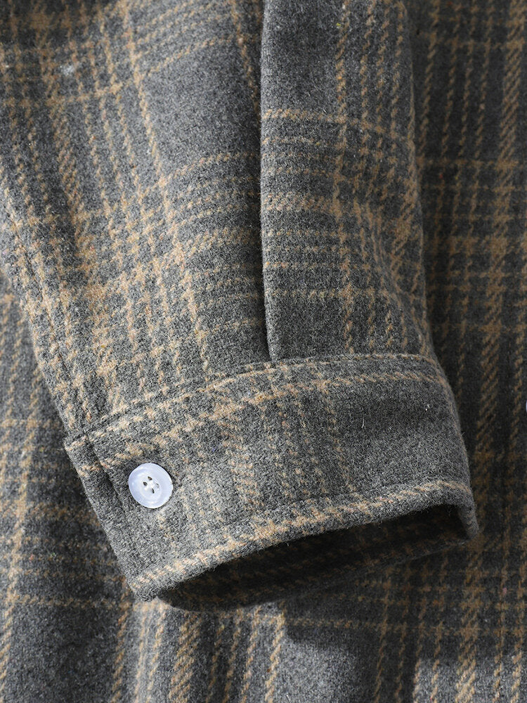 Mens Cotton Plaid Lapel Drop Shoulder Relaxed Fit Overshirt With Pocket