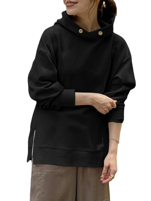 Women Korean Style Zipper Split Hem Commute Solid Hoodie