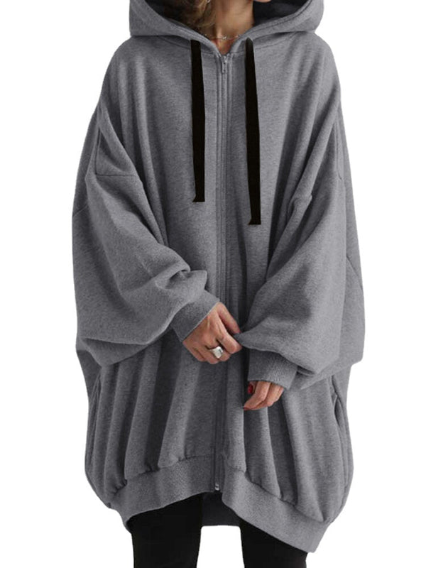 Women Zipper Up Outer Wear Loose Long Solid Hooded Sweatshirt