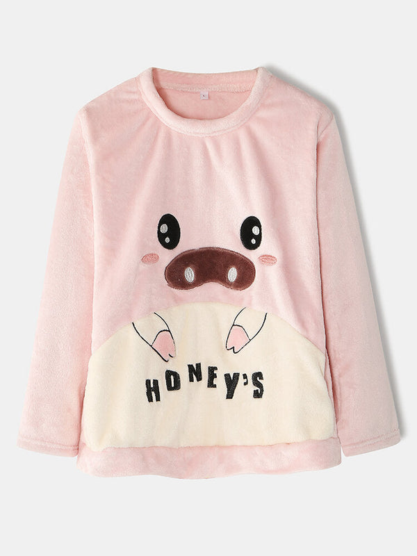 Women's Pig Graphic Flannel Pajama Set - Long Sleeve Sweatshirt & Elastic Waist Pants