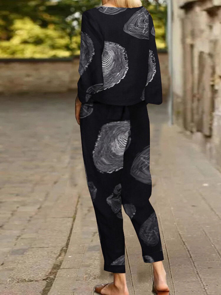 Vintage Print Tie Elastic Waist Pocket Long Sleeve Two Pieces Set