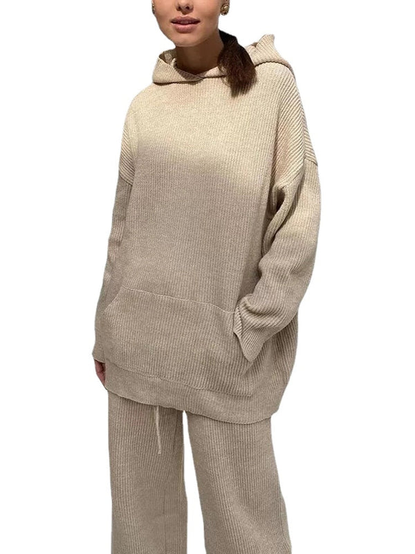 Women Solid Rib-Knit Hoodie Drawstring Wide Leg Pants Casual Long Two-Piece Set