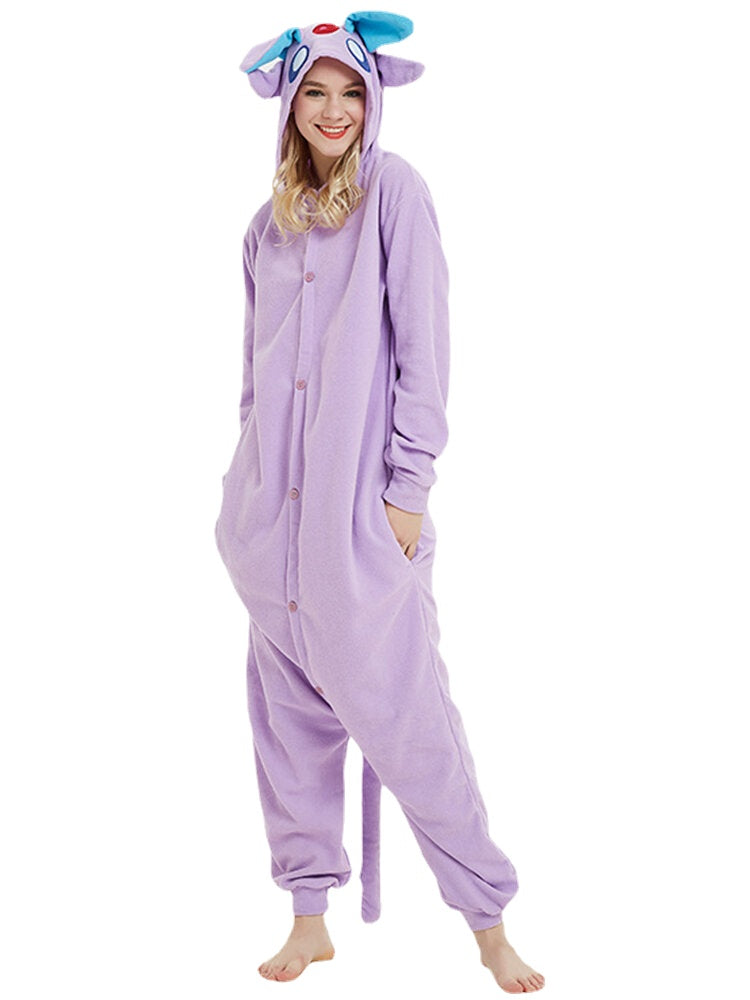 Women Cartoon Cute Button Front Home Loose Sleepwear One Piece Hooded Jumpsuits With Side Pocket