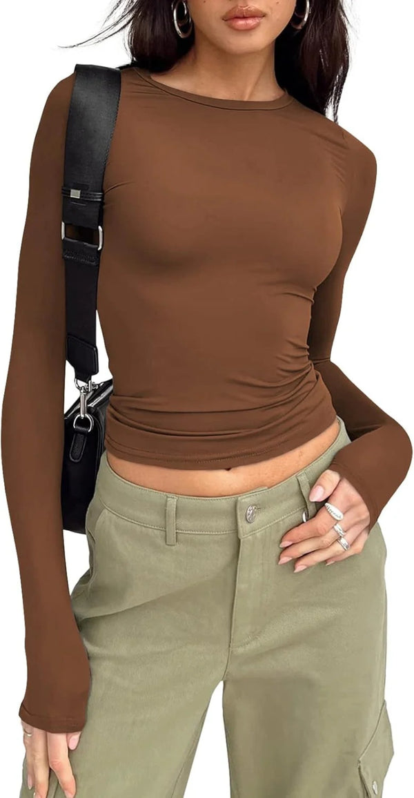 Womens Long Sleeve Shirts Basic Crop Tops Tight Slim Fit Cute Teen Girls Fall Winter Clothes