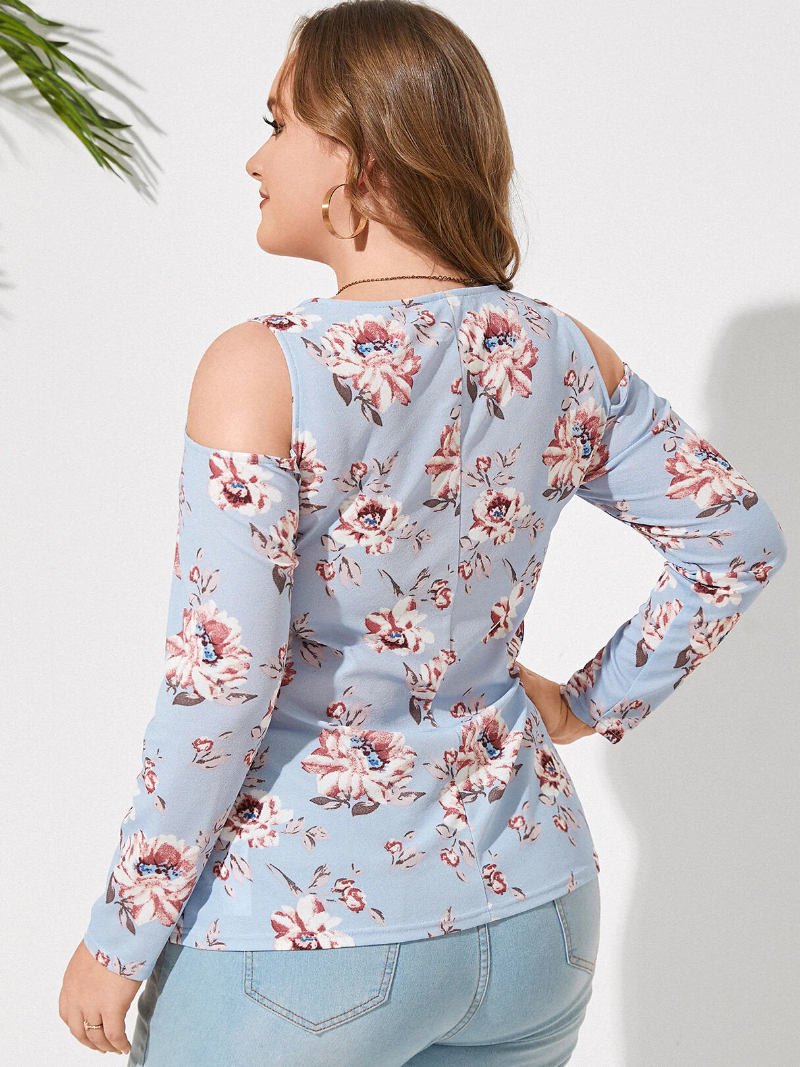 Plus Size Cold Shoulder Floral Print Twist Long Sleeves Tee