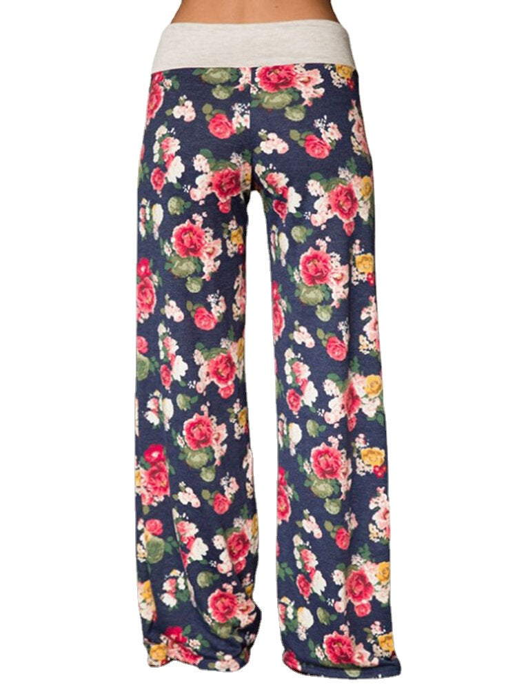 Women Plus Size Allover Flowers Print Drawstring Waist Loose Casual Home Pajamas Pants