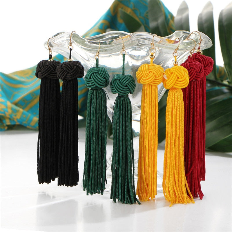 Handmade Tassel Earrings Trendy Black Red Yellow Green Long Dangles Ear Broncos Silk Fringed Jewellery For Women Secondary image