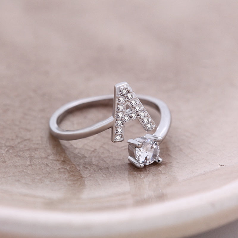Fashion 26 Letters Silver Ring For Women Rhinestone Open Finger Rings Female Engagement Ring Jewelry Anel Party Gift - Sheseelady