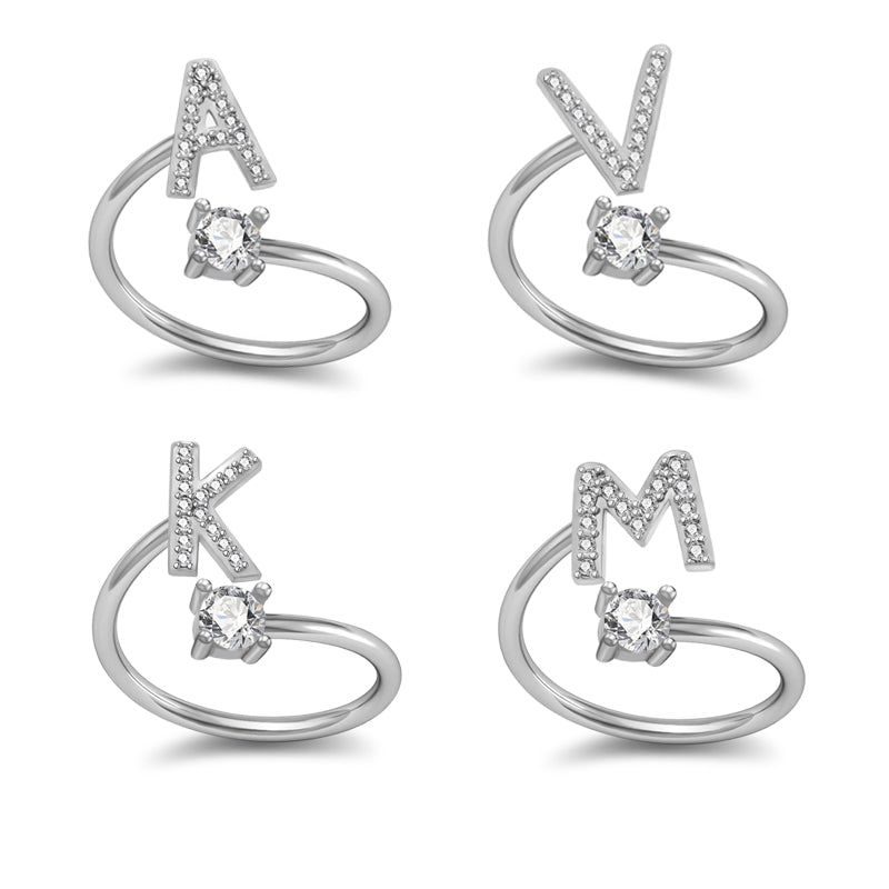Fashion 26 Letters Silver Ring For Women Rhinestone Open Finger Rings Female Engagement Ring Jewelry Anel Party Gift - Sheseelady Main image