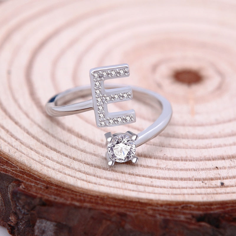 Fashion 26 Letters Silver Ring For Women Rhinestone Open Finger Rings Female Engagement Ring Jewelry Anel Party Gift - Sheseelady