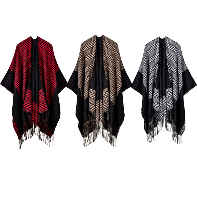 Vintage Women's Plaid Knitted Shawl Poncho - Faux Cashmere Tassel Cape for Winter