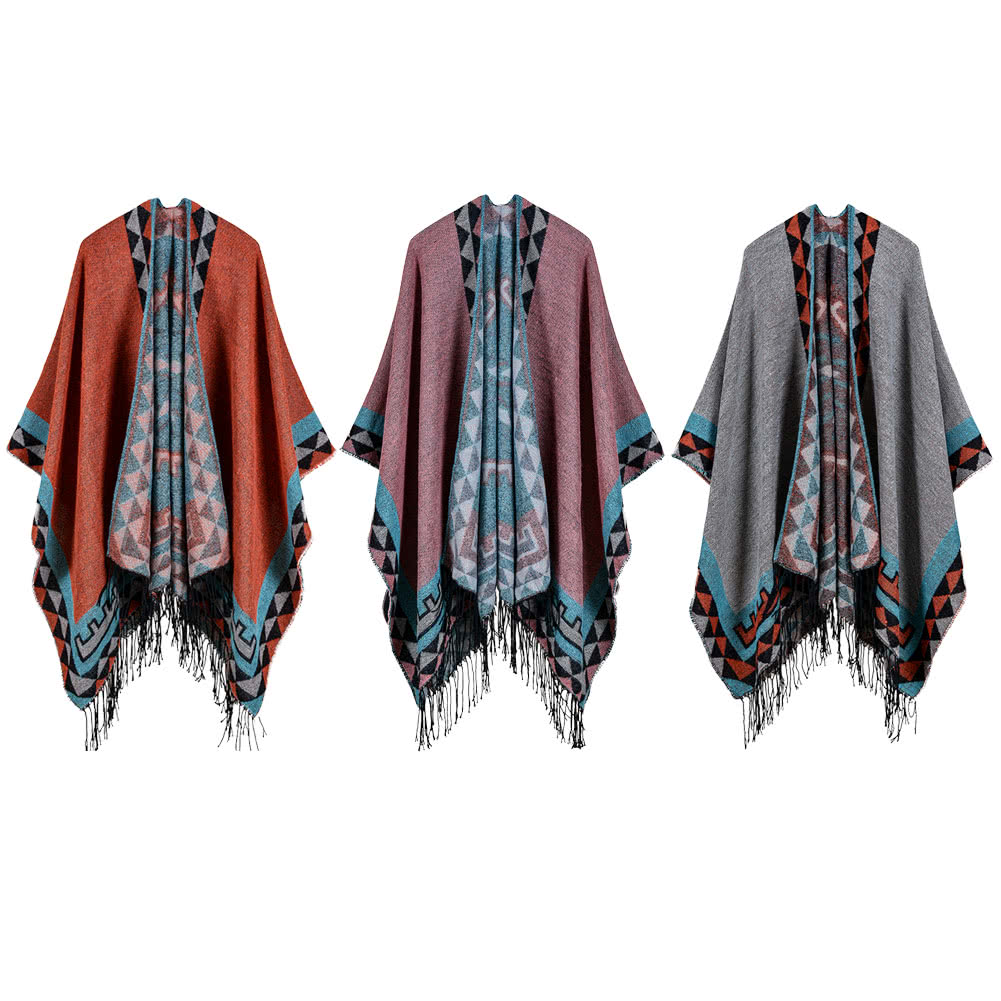 Boho Women's Geometric Knit Poncho Shawl, Faux Cashmere Tassel Cape, Oversized & Warm Secondary image
