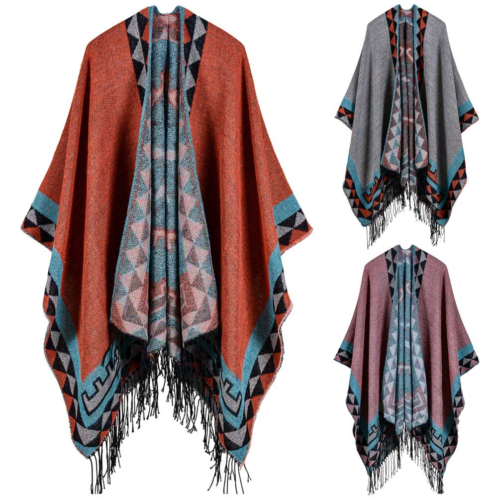 Boho Women's Geometric Knit Poncho Shawl, Faux Cashmere Tassel Cape, Oversized & Warm Main image
