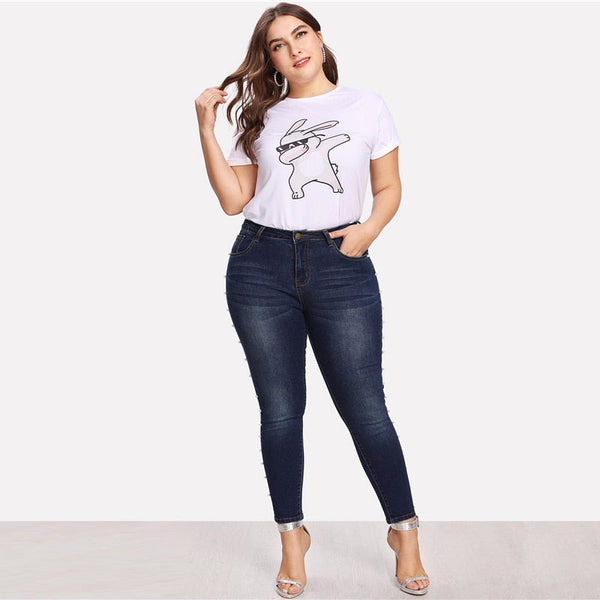 Vintage Casual Ladies' Mid Waist Skinny Jeans With Imitation Pearls Blue