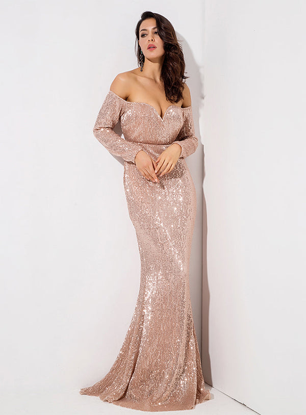 Gold Deep V Collar Long Sleeve Elastic Sequin Material Dress