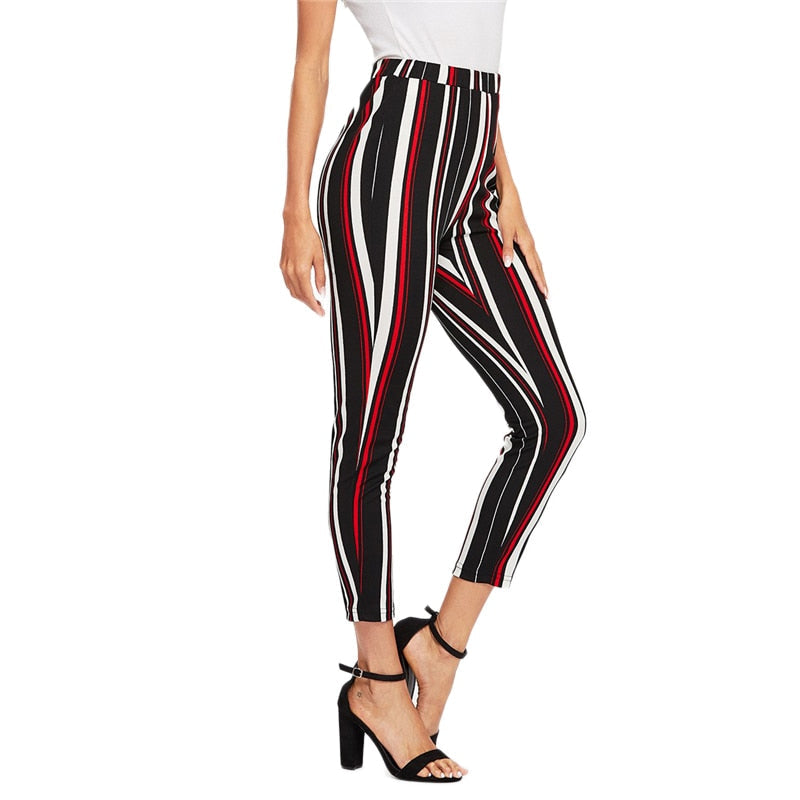 Elegant Stretch Knit Striped Pants Multi Color Waist Skinny And Capris For Women Main image