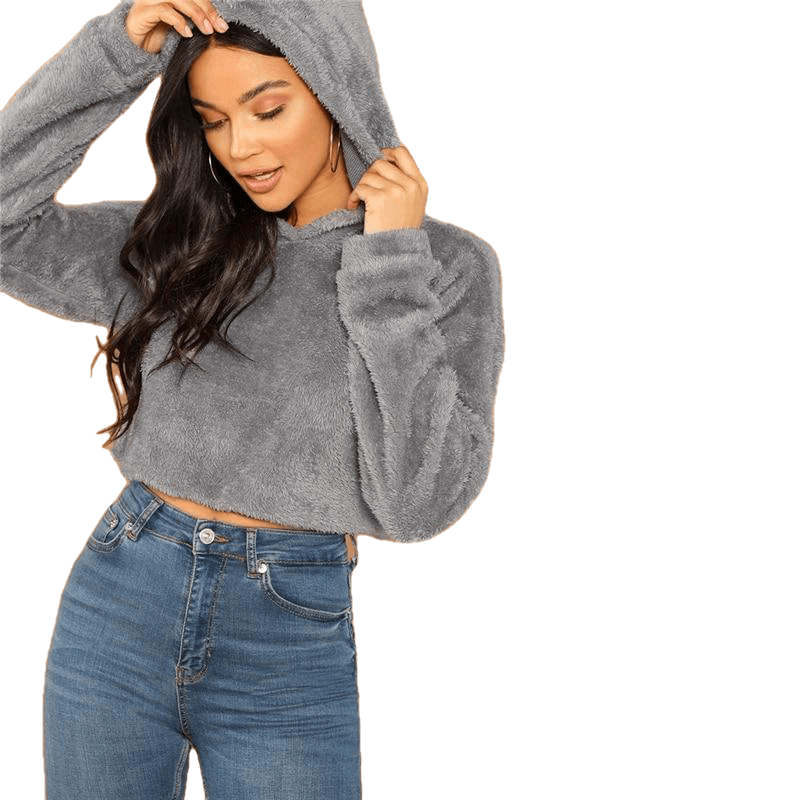 Autumn Casual Solid Drop Shoulder Crop Teddy Hoodie Sweatshirt Fashion Women Pullovers Sweatshirts Main image