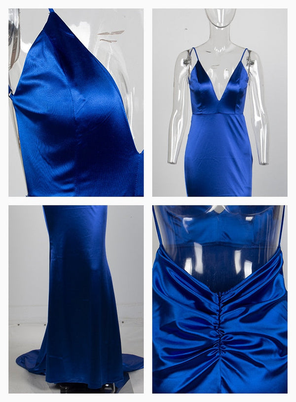 Sexy Flash Blue Deep V-Neck Open Back Slim Long Dress For Females