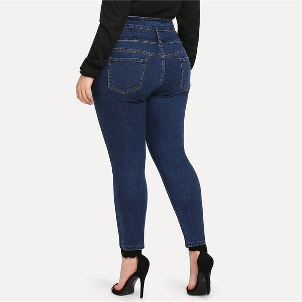 Plus Size Single Breasted High Waist Spring Casual Double Pocket Stretchy Pants For Women