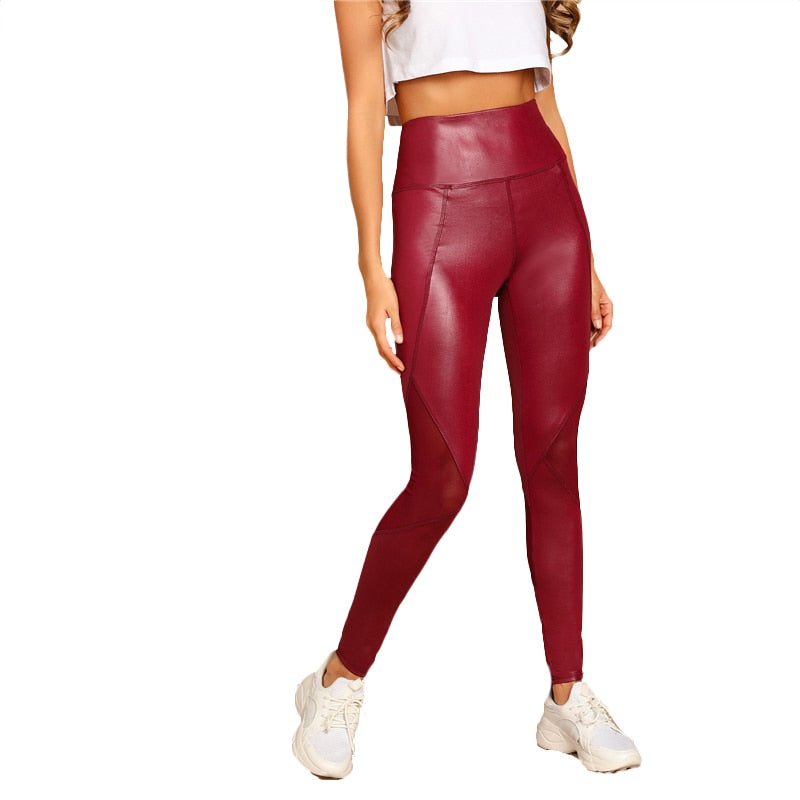 Casual Sexy Women's Wide Waistband Stretchy Skinny Leggings Burgundy Main image