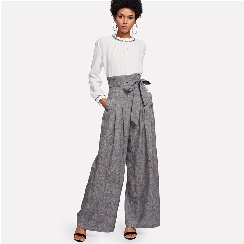 Elegant High Waist Self Belted Box Grey Loose Work Trousers Pants For Women'S Secondary image