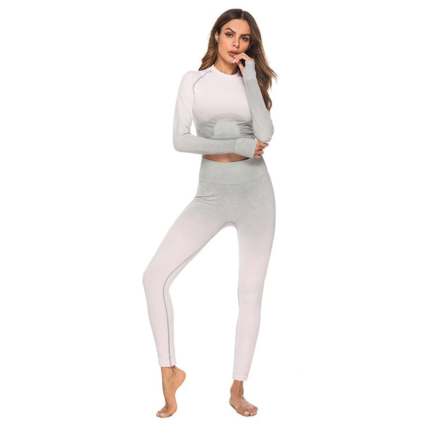 Fashion Fitness Leggings Ombre Seamless Crop Tops For Women Two Piece Set Sportswear Sweatshirt Tracksuit Women Sets - Sheseelady