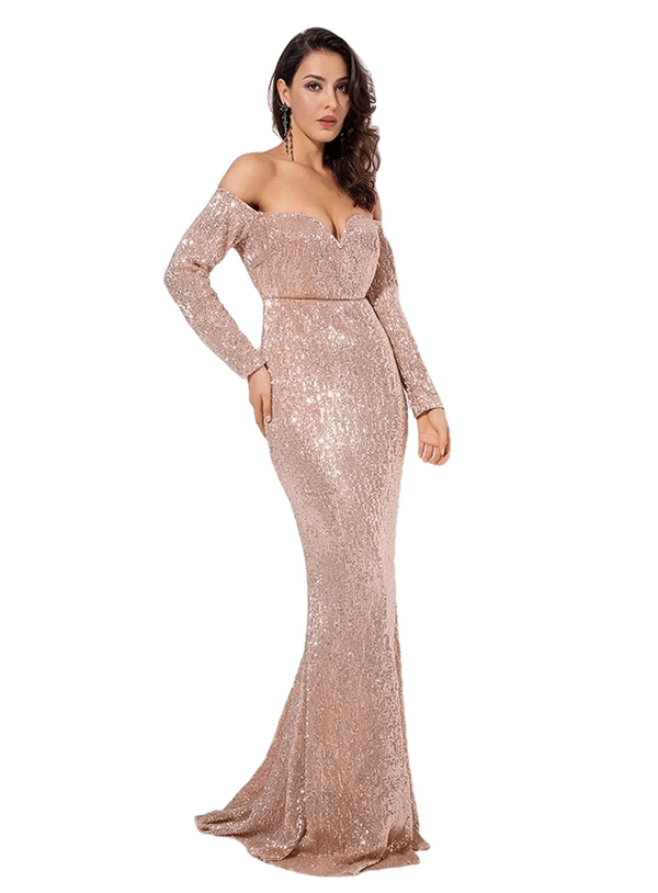 Gold Deep V Collar Long Sleeve Elastic Sequin Material Dress