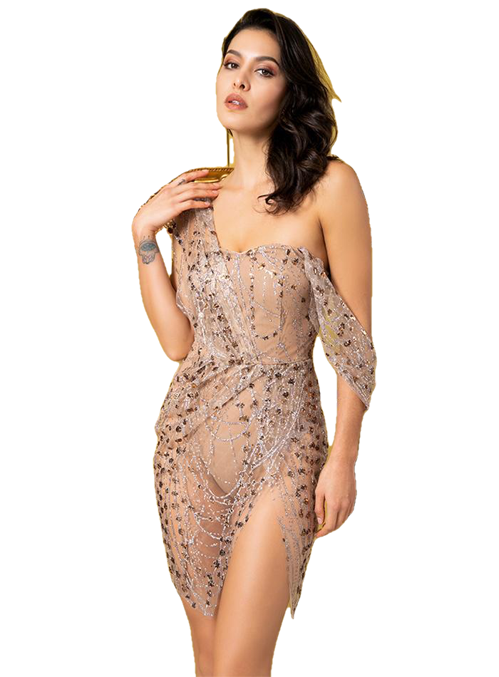 Cross Sling Style Sexy Female Rose Gold Party Dress Made Of Glitter Glued Material Main image