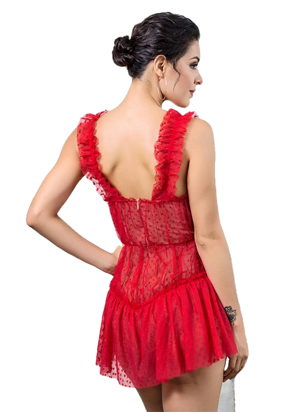 Sexy Red Dot Print Frilled Mesh Playsuit For Ladies