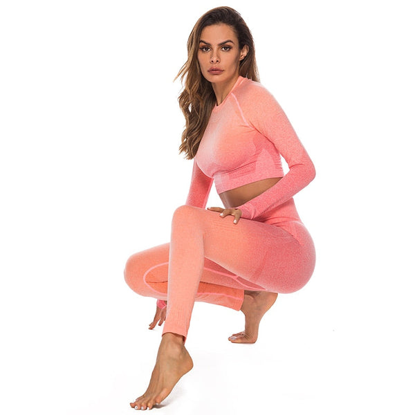 Fashion Fitness Leggings Ombre Seamless Crop Tops For Women Two Piece Set Sportswear Sweatshirt Tracksuit Women Sets - Sheseelady