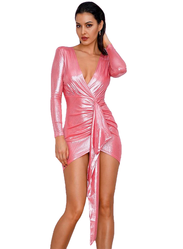 Sexy Pink Women's Deep V-neck Long Sleeve Pleated Reflective Dress With Ribbon