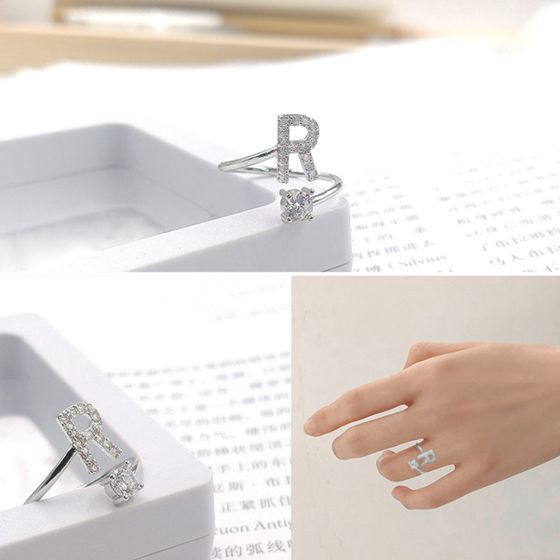Fashion 26 Letters Silver Ring For Women Rhinestone Open Finger Rings Female Engagement Ring Jewelry Anel Party Gift - Sheseelady