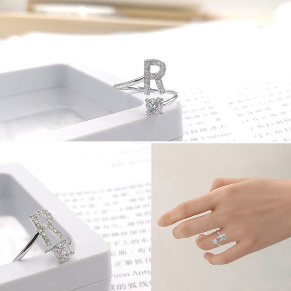 Fashion 26 Letters Silver Ring For Women Rhinestone Open Finger Rings Female Engagement Ring Jewelry Anel Party Gift - Sheseelady
