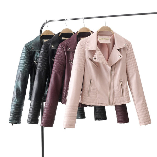 New Fashion Women Smooth Motorcycle Faux Leather Jackets Ladies Long Sleeve Autumn Winter Biker Streetwear Black Pink Coat