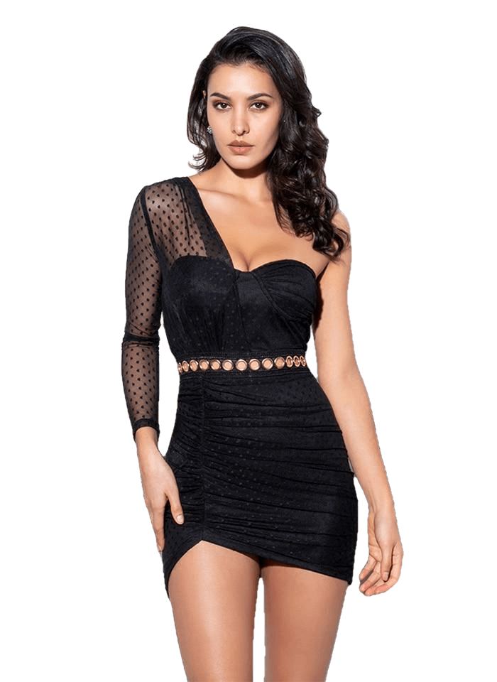 Sexy Black Polka Dot Single Sleeve Pleated Bodycon Party Dress For Females Secondary image