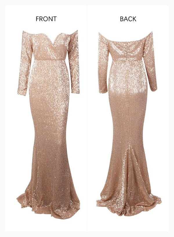 Gold Deep V Collar Long Sleeve Elastic Sequin Material Dress