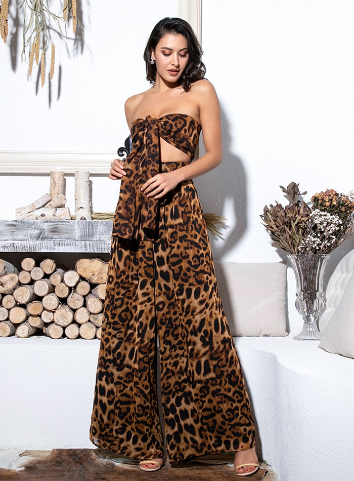 Sexy Ladies' Leopard Print Chiffon Cropped Tank & High Waist Wide Leg Pant Set Main image