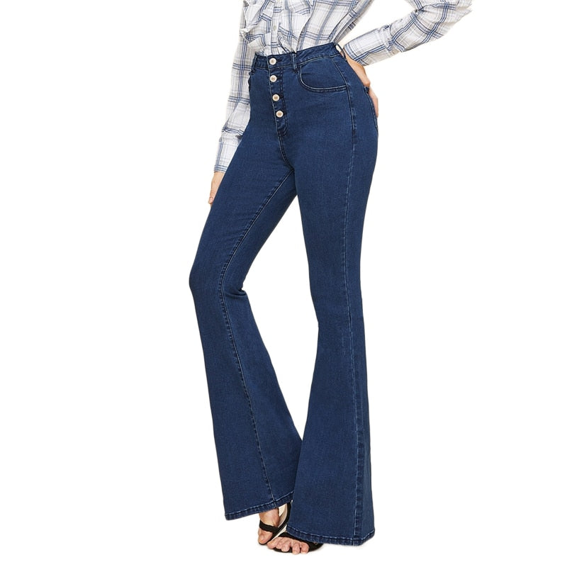 Vintage Ladies' Stretch Mid Waist Button-up Flared Denim Jeans Blue Main image