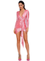 Sexy Pink Women's Deep V-neck Long Sleeve Pleated Reflective Dress With Ribbon