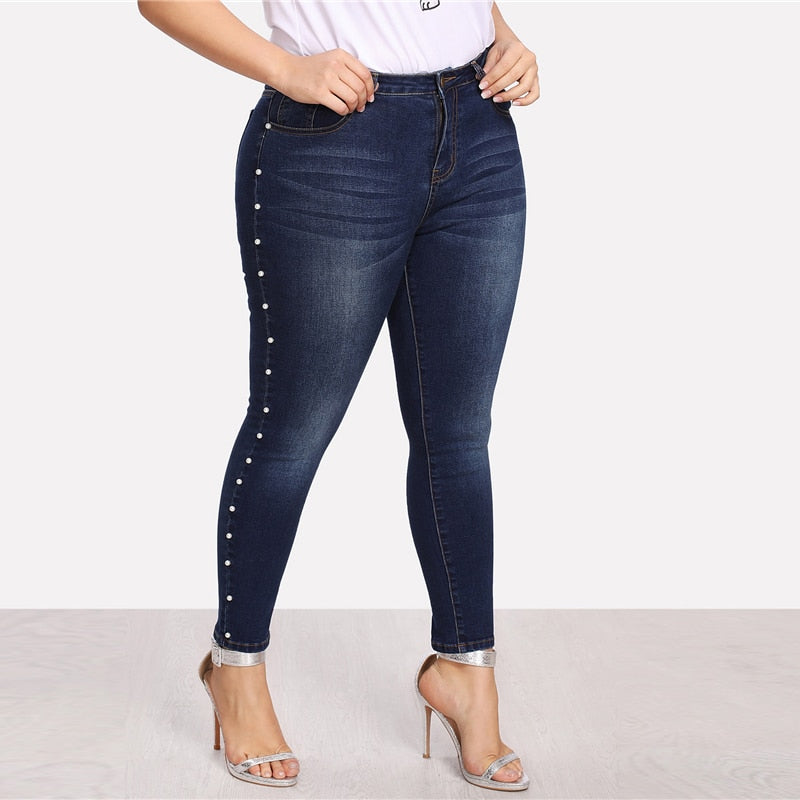 Vintage Casual Ladies' Mid Waist Skinny Jeans With Imitation Pearls Blue Secondary image